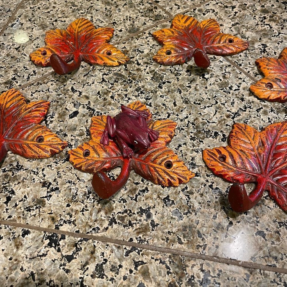 Vintage Cast Iron Leaf Coat Hooks added Frog